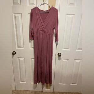 Mother Bee XL Mauve Maternity V-Neck 3/4 Sleeve Ruched Waist Dress
